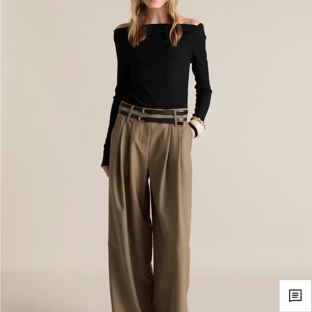 Mango Olive-Tan Wide-Leg High-Rise Trousers